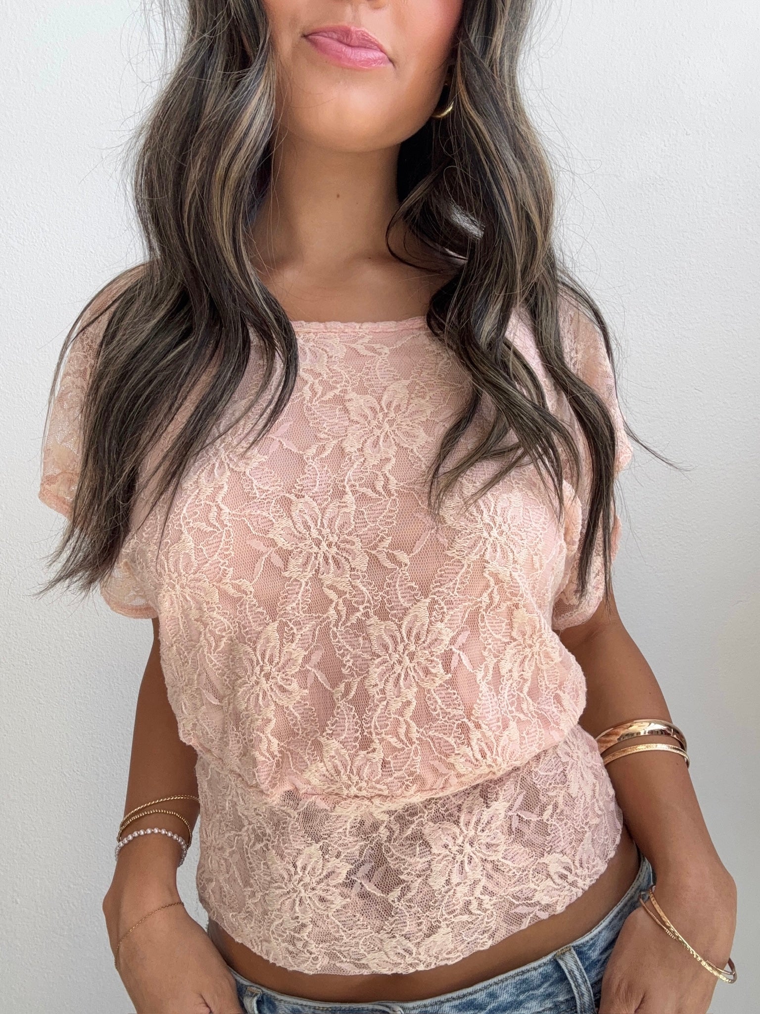 Blush Floral Lace Overlay Top (Small)