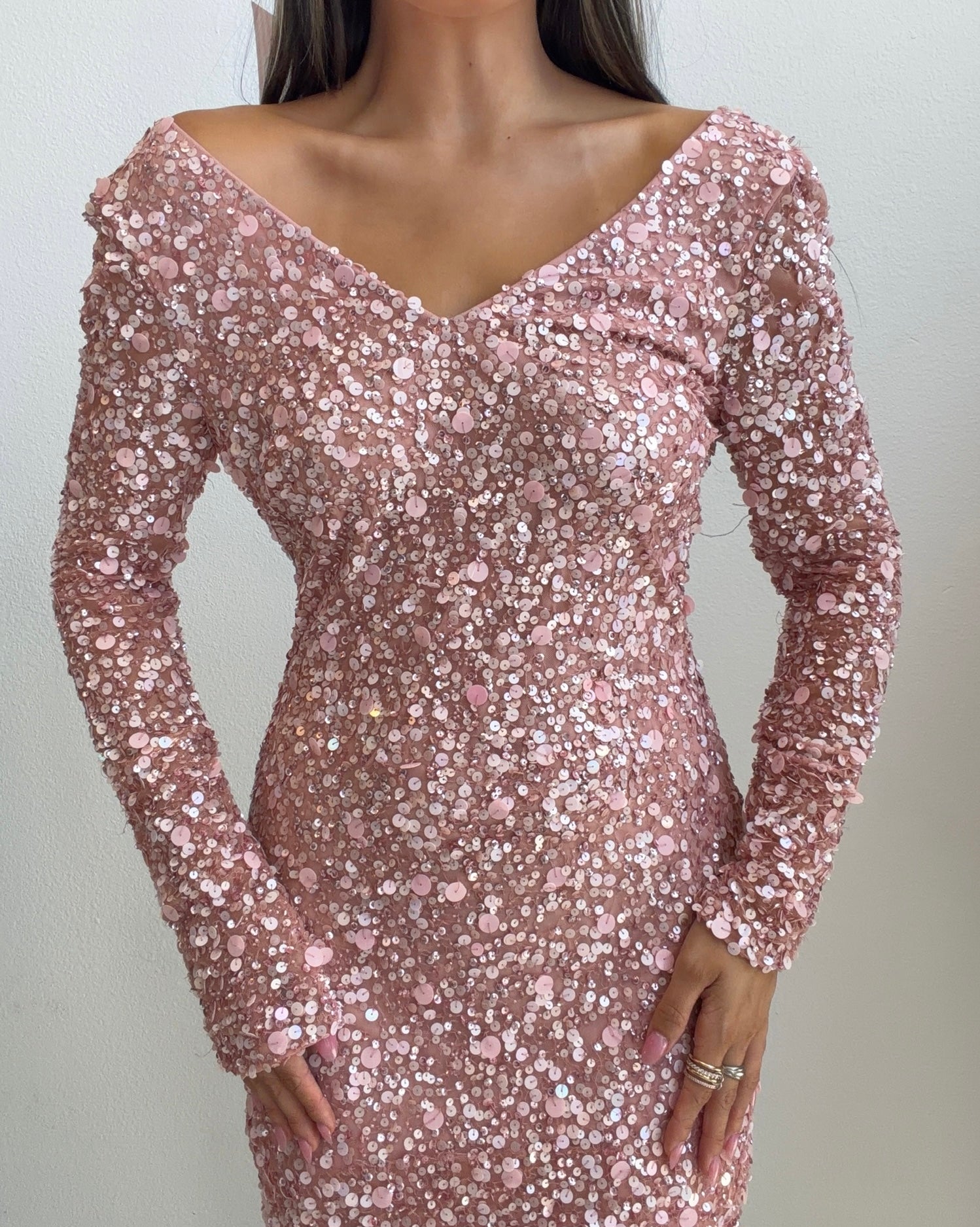 Blush Sequin Long Sleeve Mini Dress (Small)