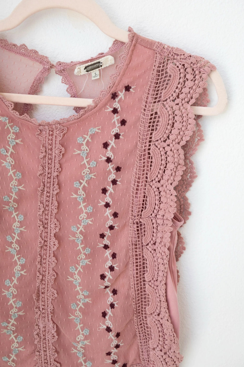 Pink Floral Mesh Boho Top (Medium)