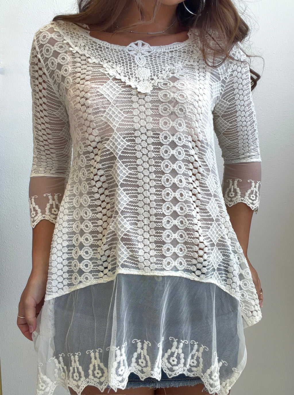 Ivory Lace Mesh Tunic Top (Small)