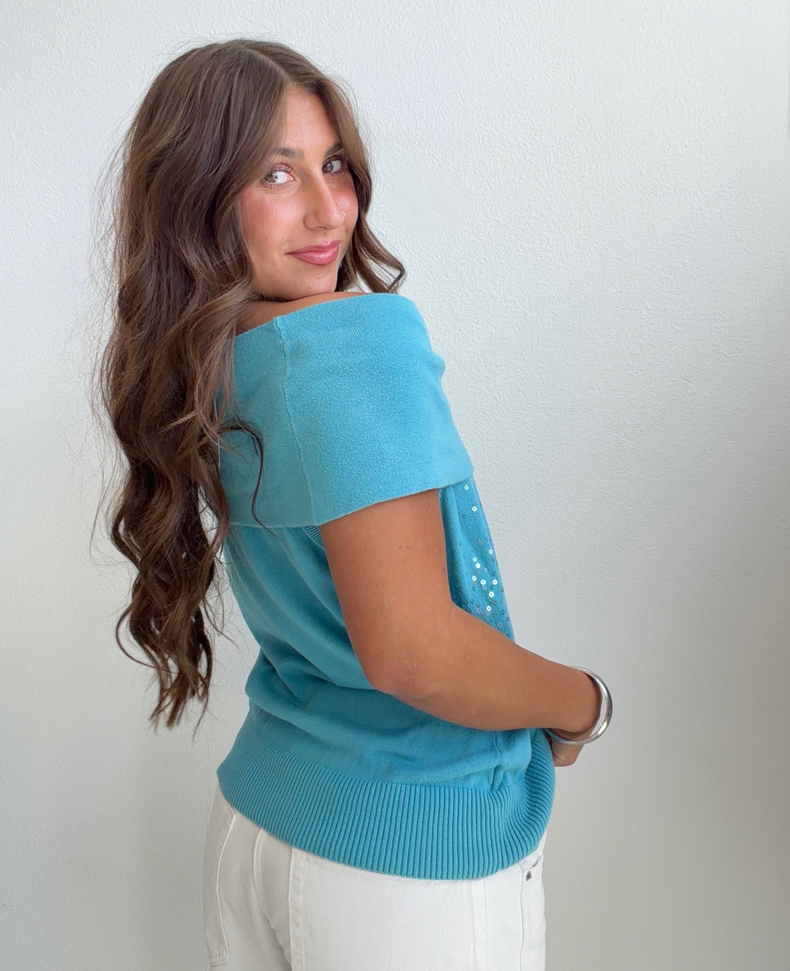 Turquoise Sequin Off Shoulder Knit Top (Large)