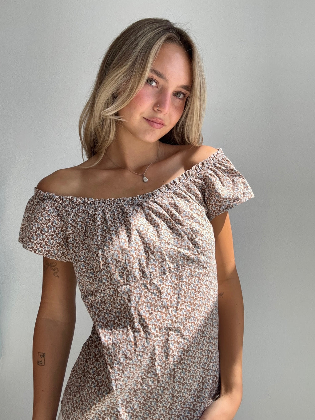 Brown Ditsy Off Shoulder Top (Small)
