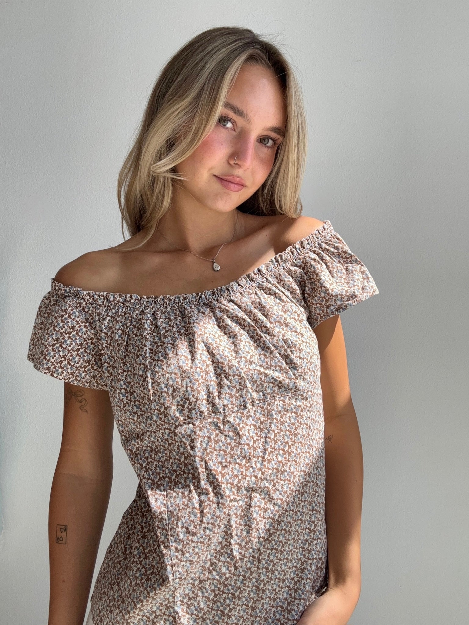 Brown Ditsy Off Shoulder Top (Small)