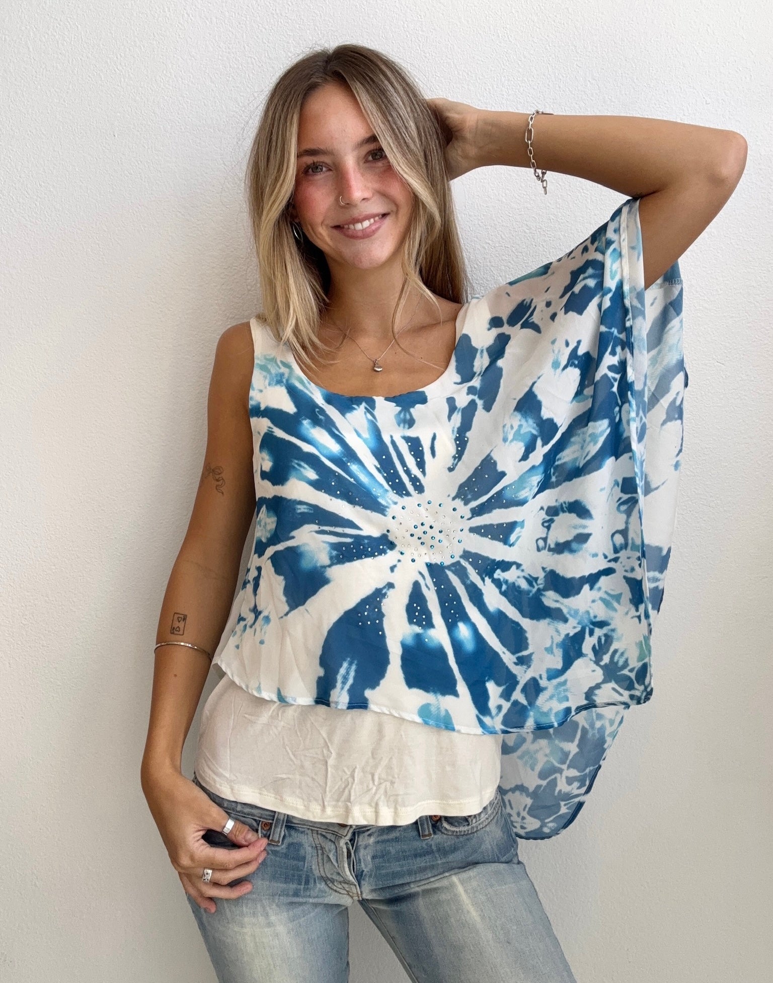Blue Tie Dye Rhinestone Top (Small)
