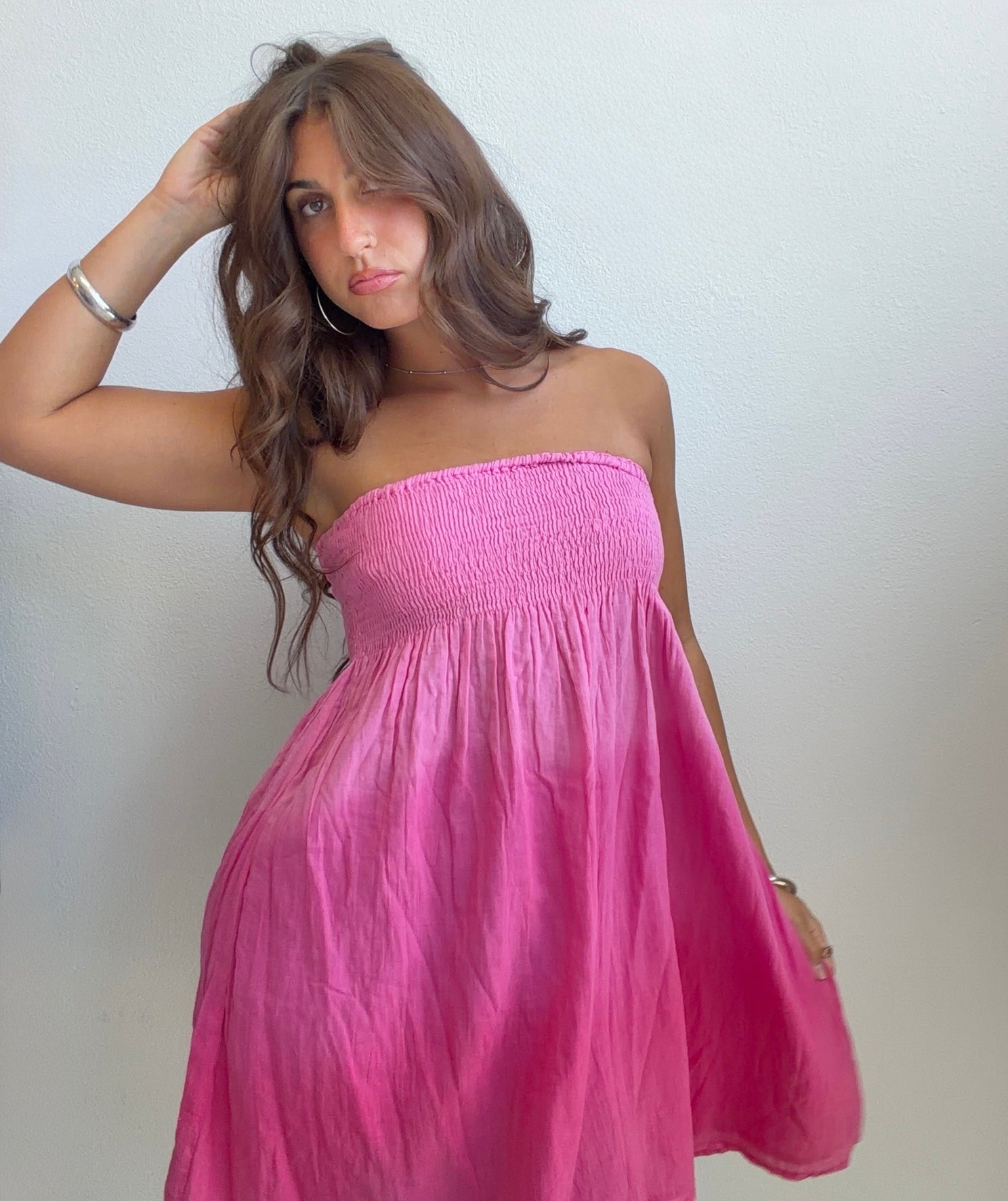 Pink Smocked Strapless Midi Dress (Medium)
