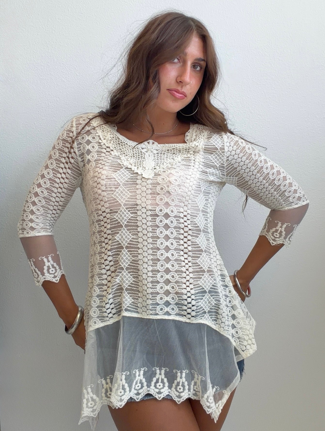 Ivory Lace Mesh Tunic Top (Small)