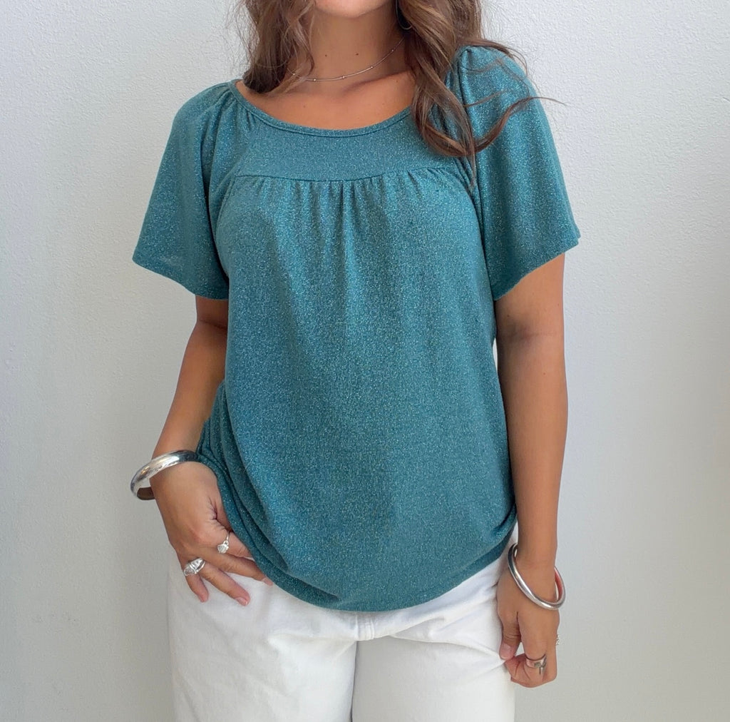 Teal Metallic Knit Short Sleeve Top (Small)