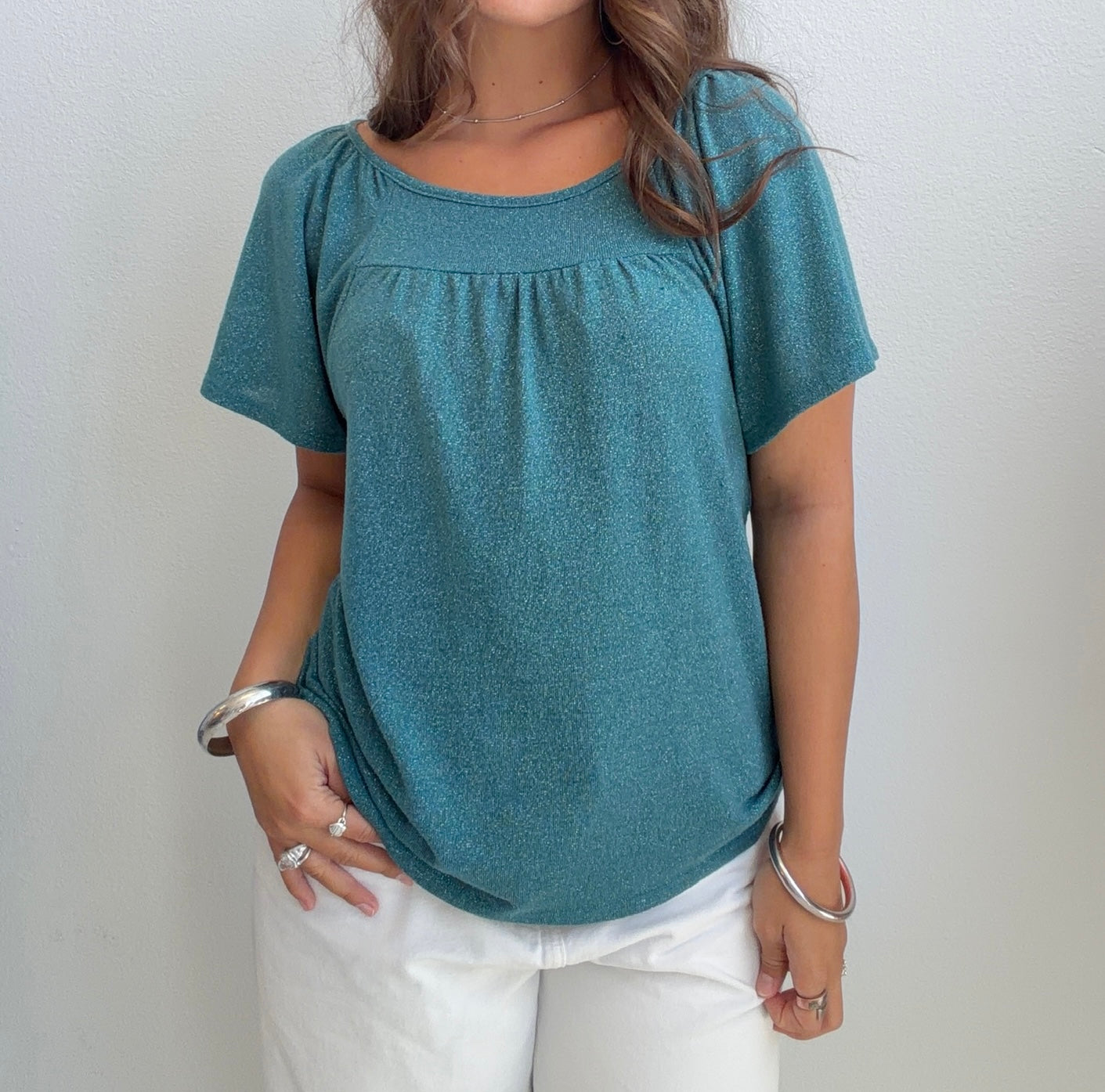 Teal Metallic Knit Short Sleeve Top (Small)