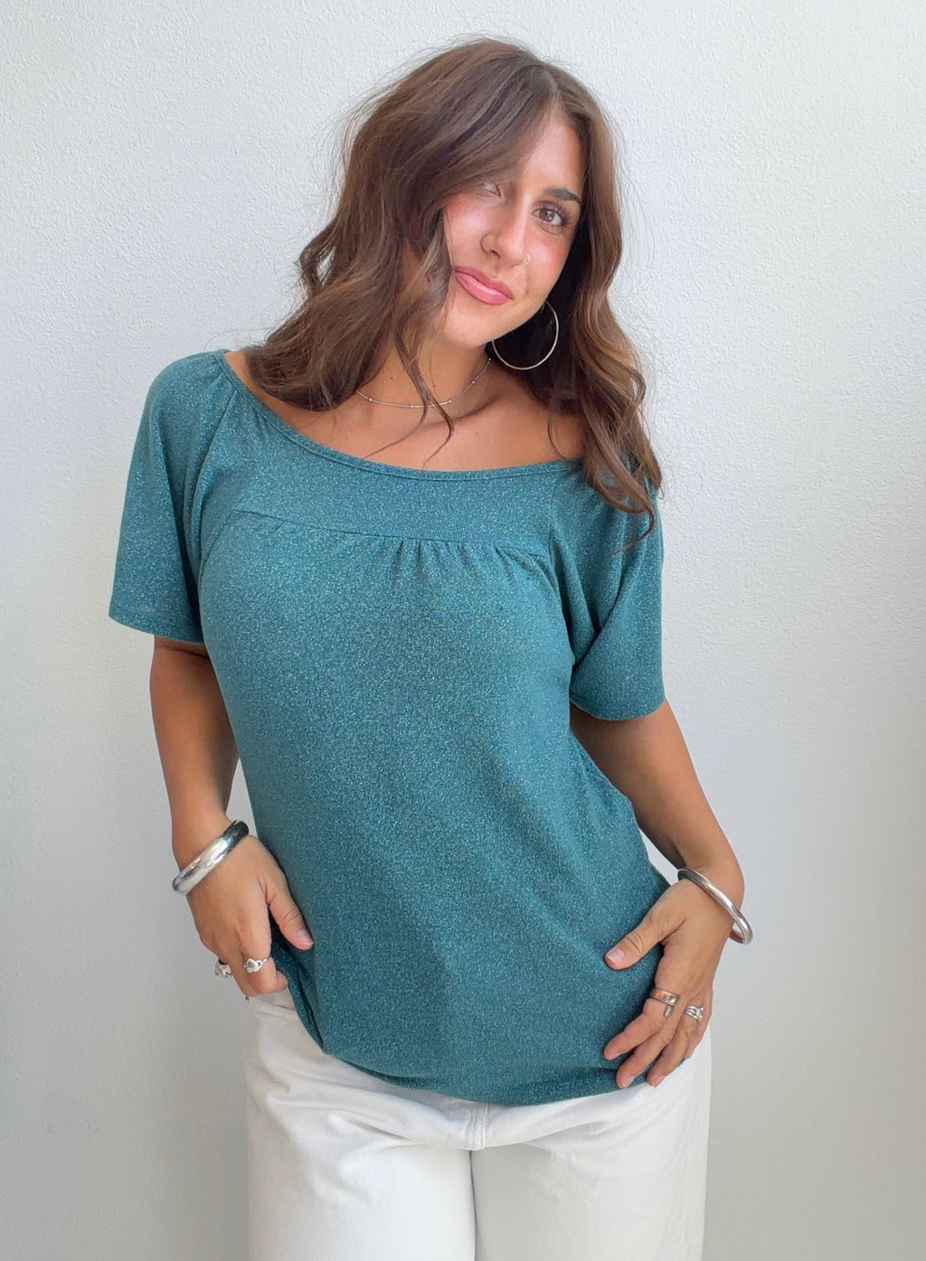 Teal Metallic Knit Short Sleeve Top (Small)