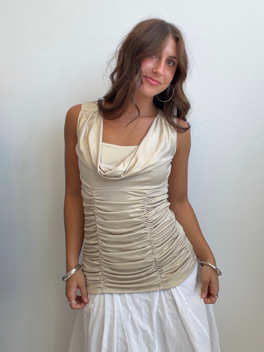 Champagne Ruched Satin Cowl Neck Top (Small)