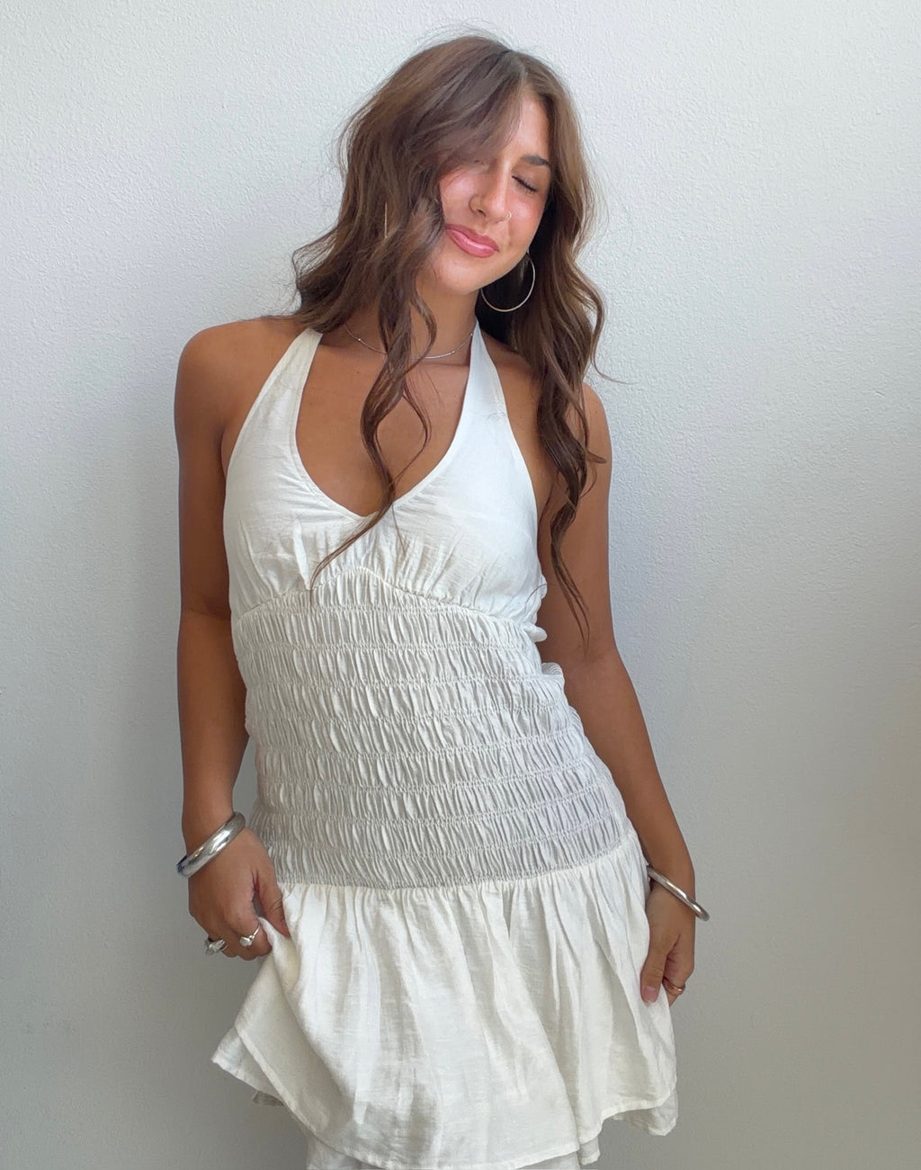 White Smocked Halter Mini Dress (Small)
