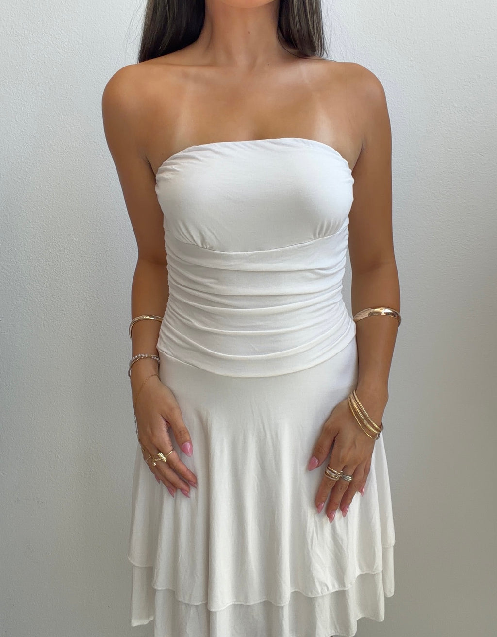 White Strapless Ruched Mini Dress (Small)