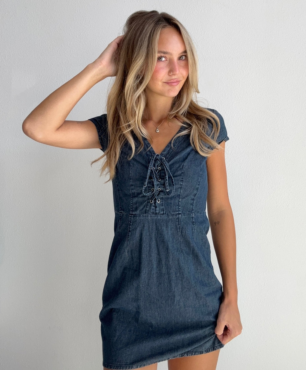 Dark Wash Lace Up Denim Dress (Small)