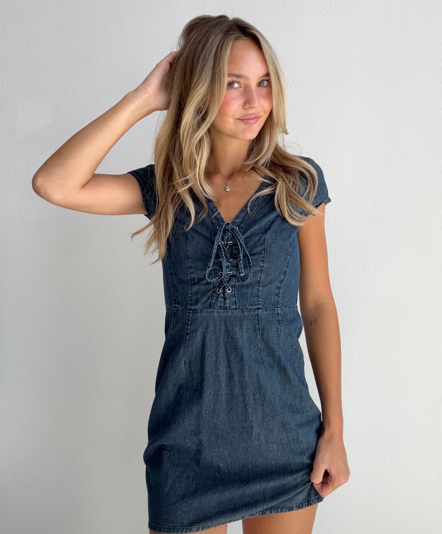 Dark Wash Lace Up Denim Dress (Small)