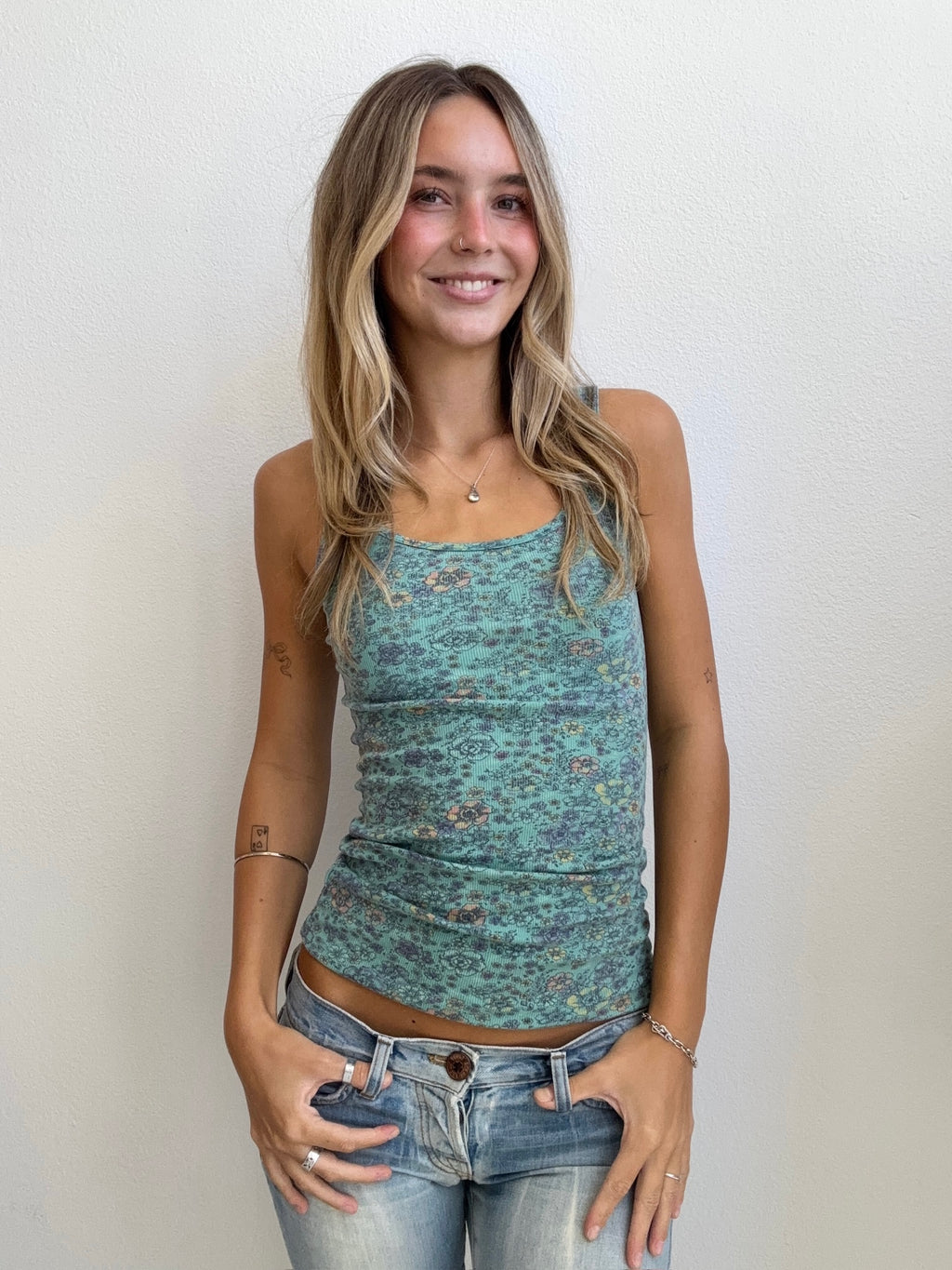 Blue Floral Ribbed Tank (Small)