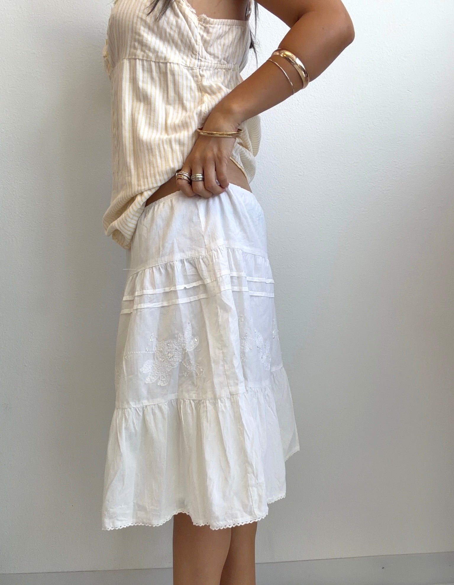 White Linen Embroidered Midi Skirt (Small)