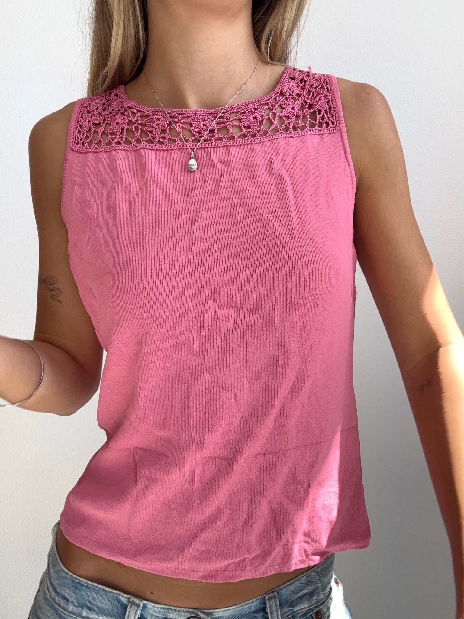 Pink Crochet Neck Tank (Medium)