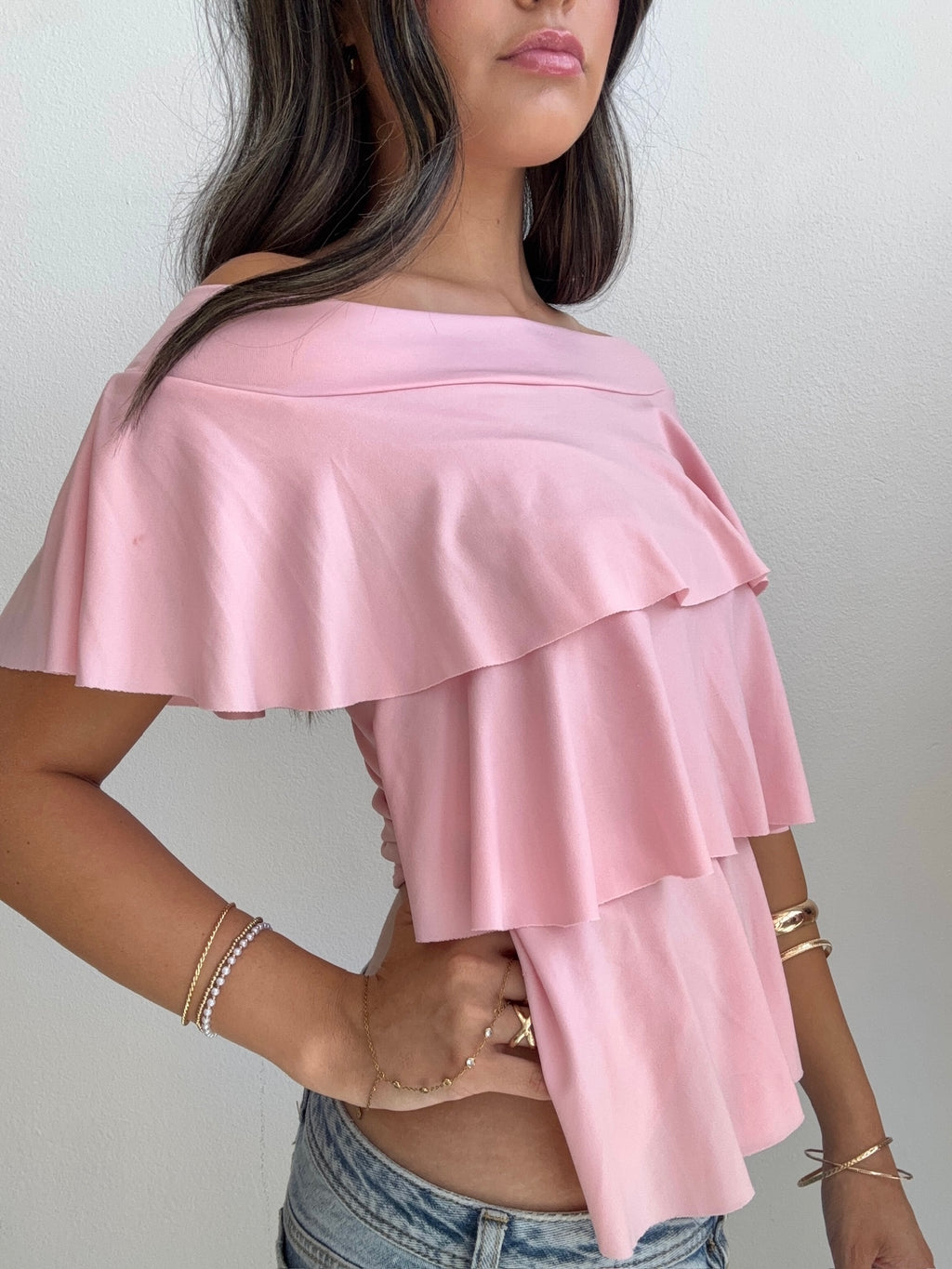 Pink Off Shoulder Ruffle Top (Large)