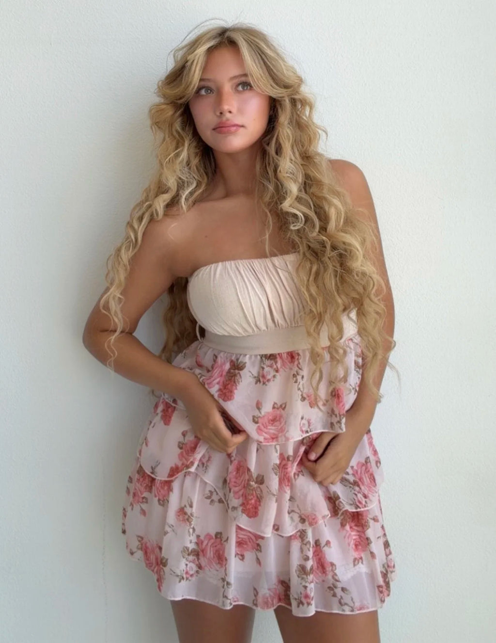 Pink Rose Tiered Mini Dress (Medium)