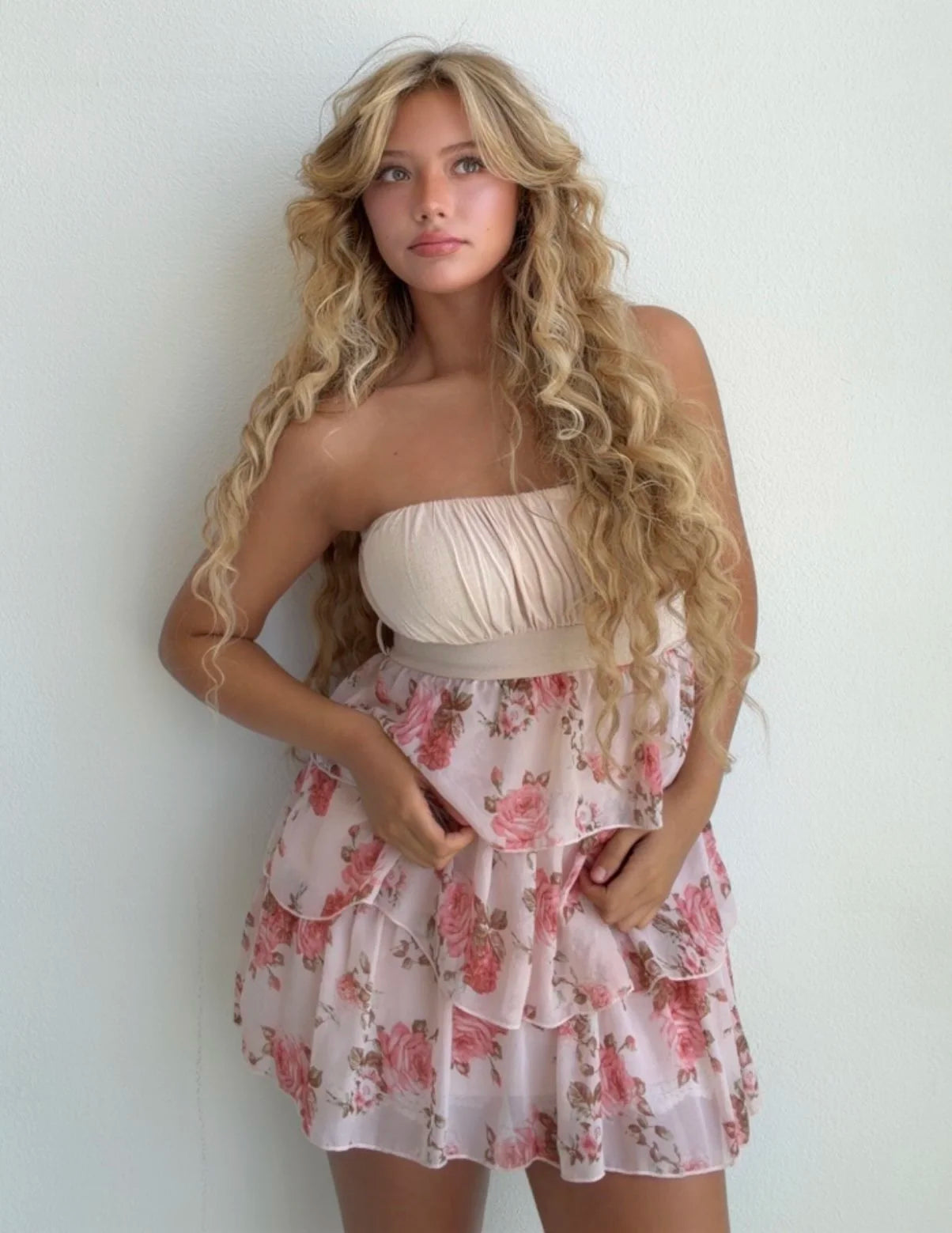 Pink Rose Tiered Mini Dress (Medium)