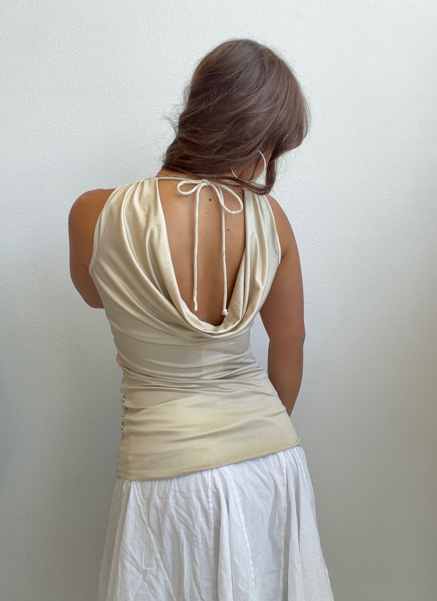 Champagne Ruched Satin Cowl Neck Top (Small)
