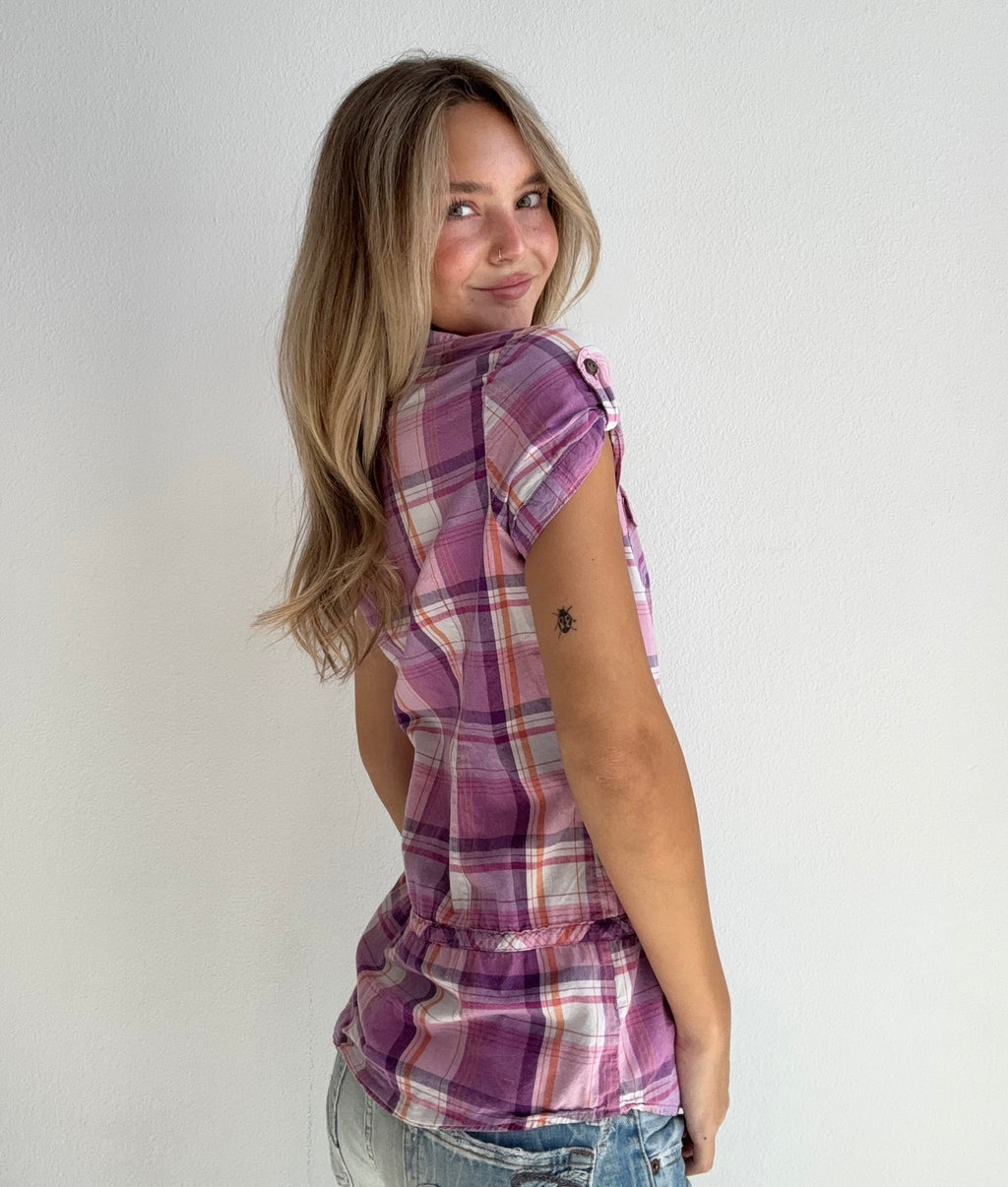 Purple Plaid Button Up Top (Medium)