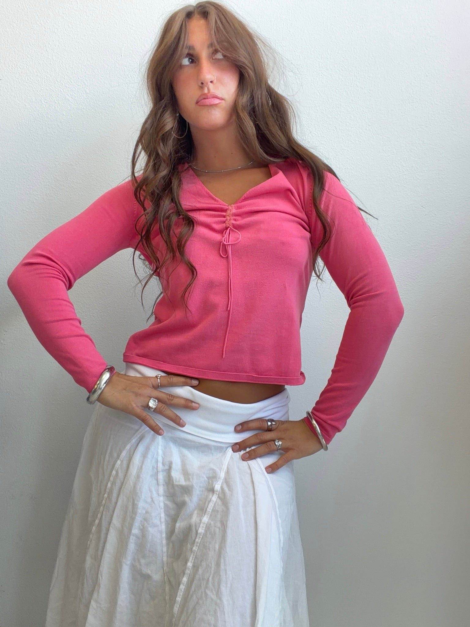 Rose Tie Front Long Sleeve Top (Small)