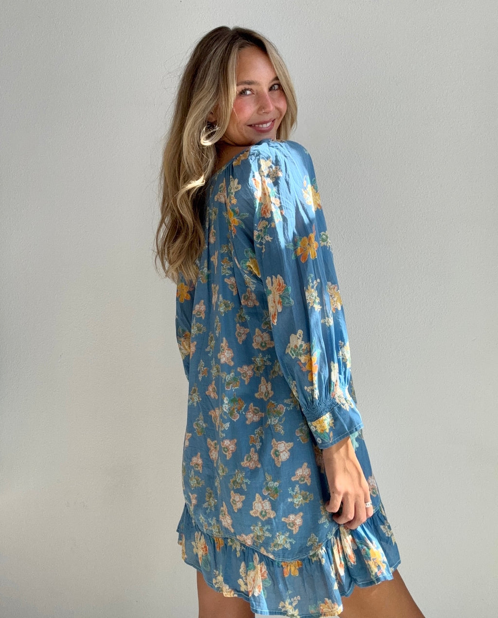 Blue Floral Boho Tunic Dress (Small)