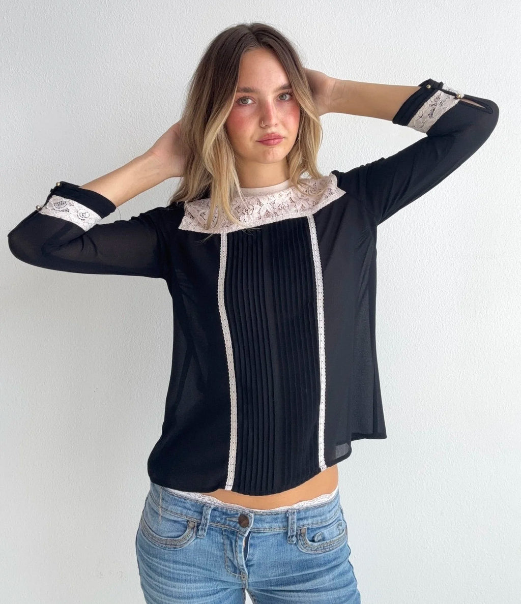 Black Lace & Pleated Panel Blouse (Small)