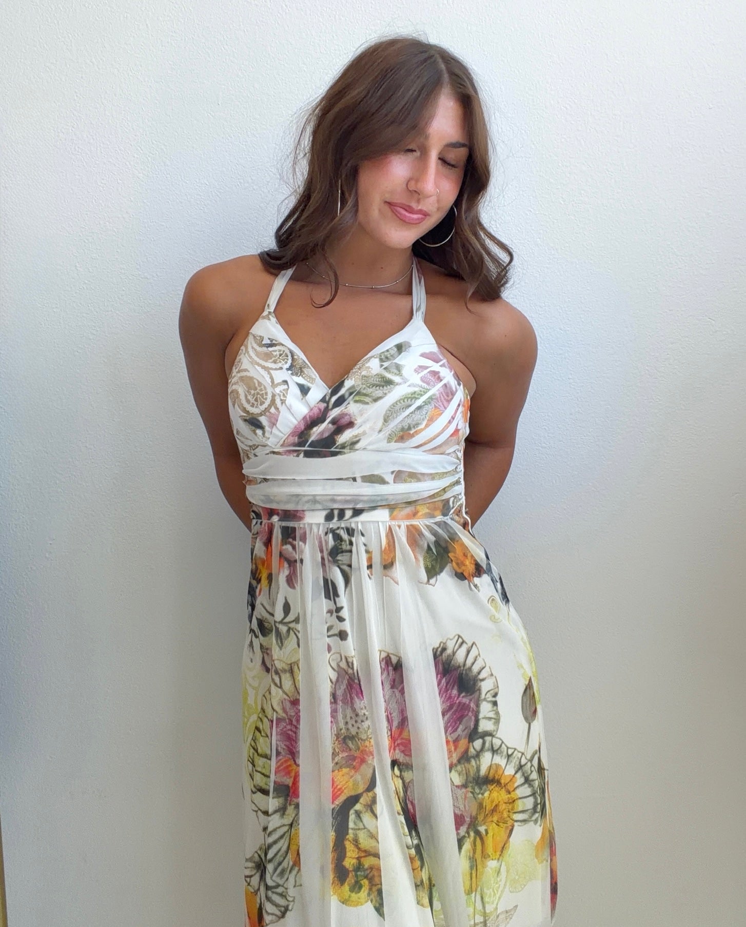 Floral Chiffon Empire Waist Midi Dress (Small)