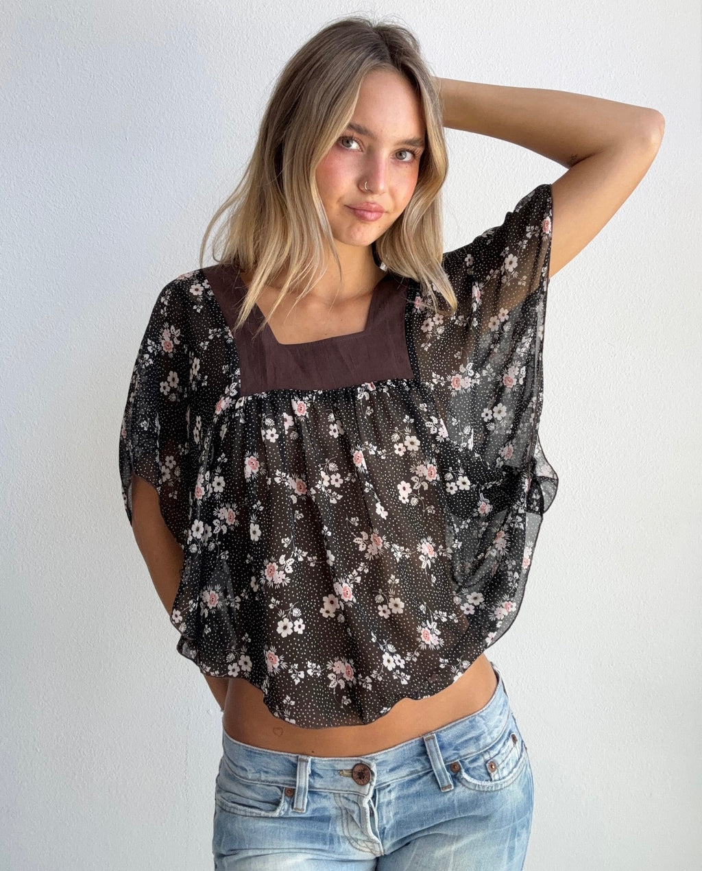 Brown Floral Babydoll Flowy Top (Small)