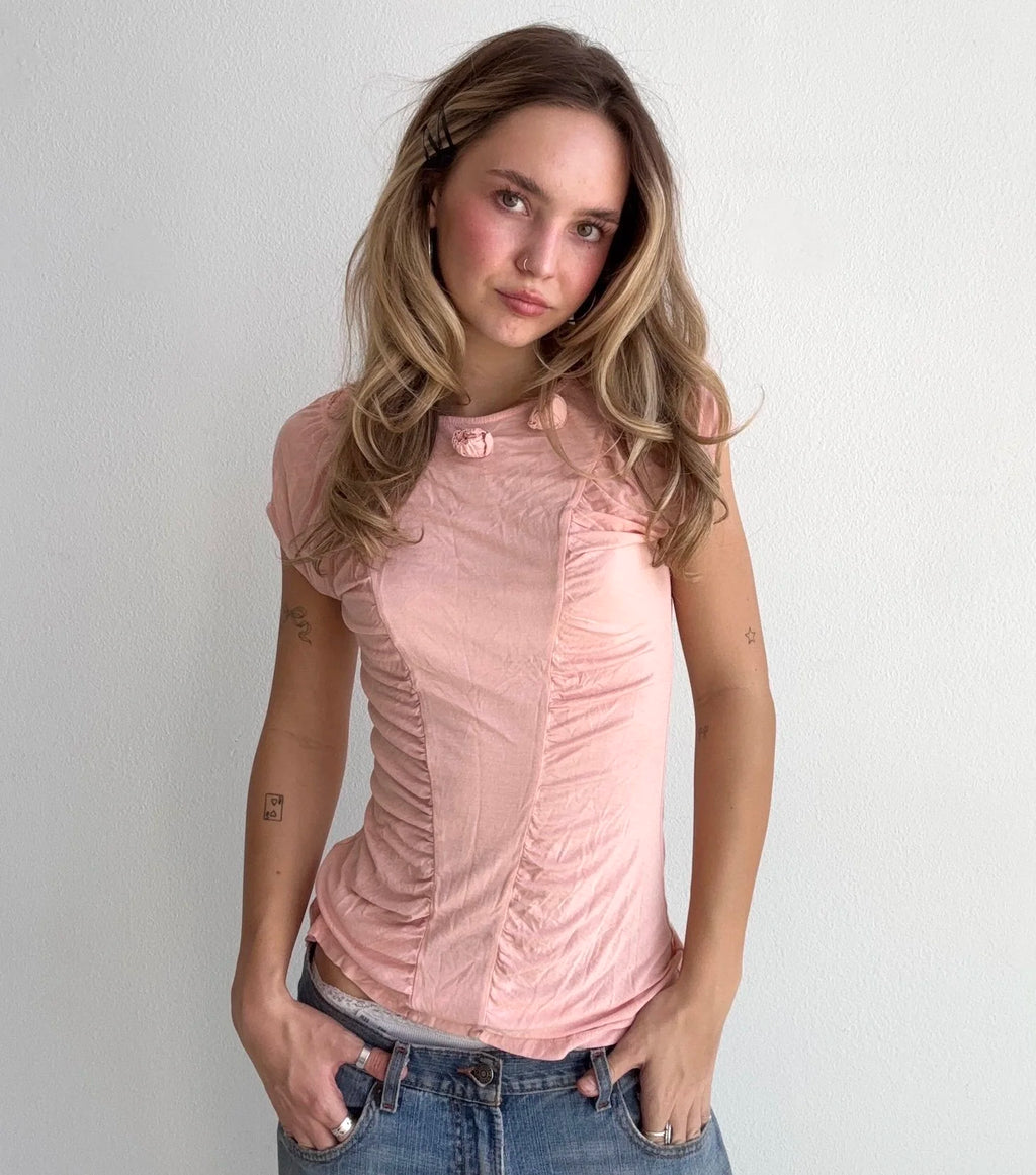 Baby Pink Rosette Ruched Top (Small)