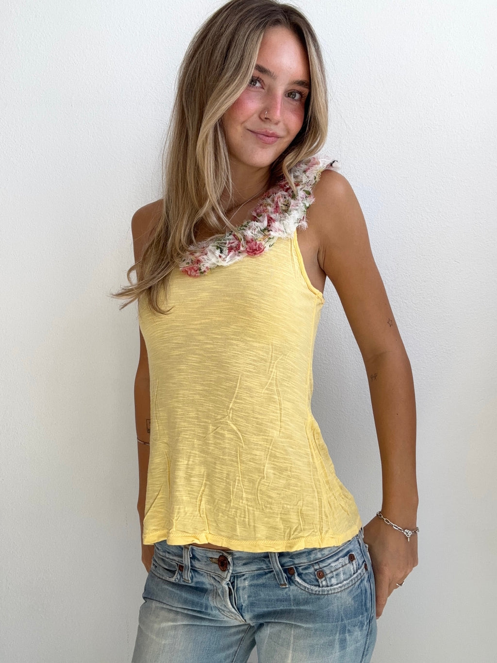 Yellow Floral One Shoulder Tank (Small)
