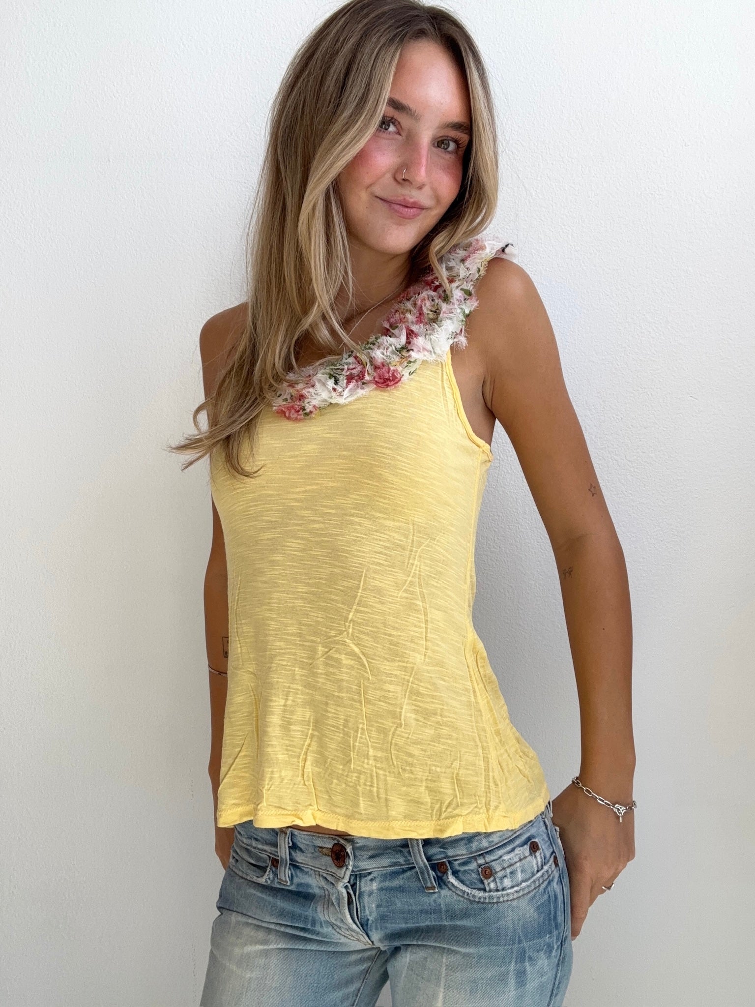 Yellow Floral One Shoulder Tank (Small)