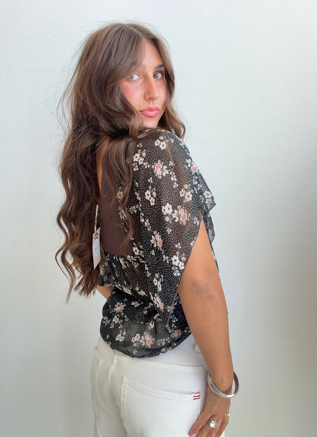 Brown Floral Chiffon Babydoll Blouse (Small)