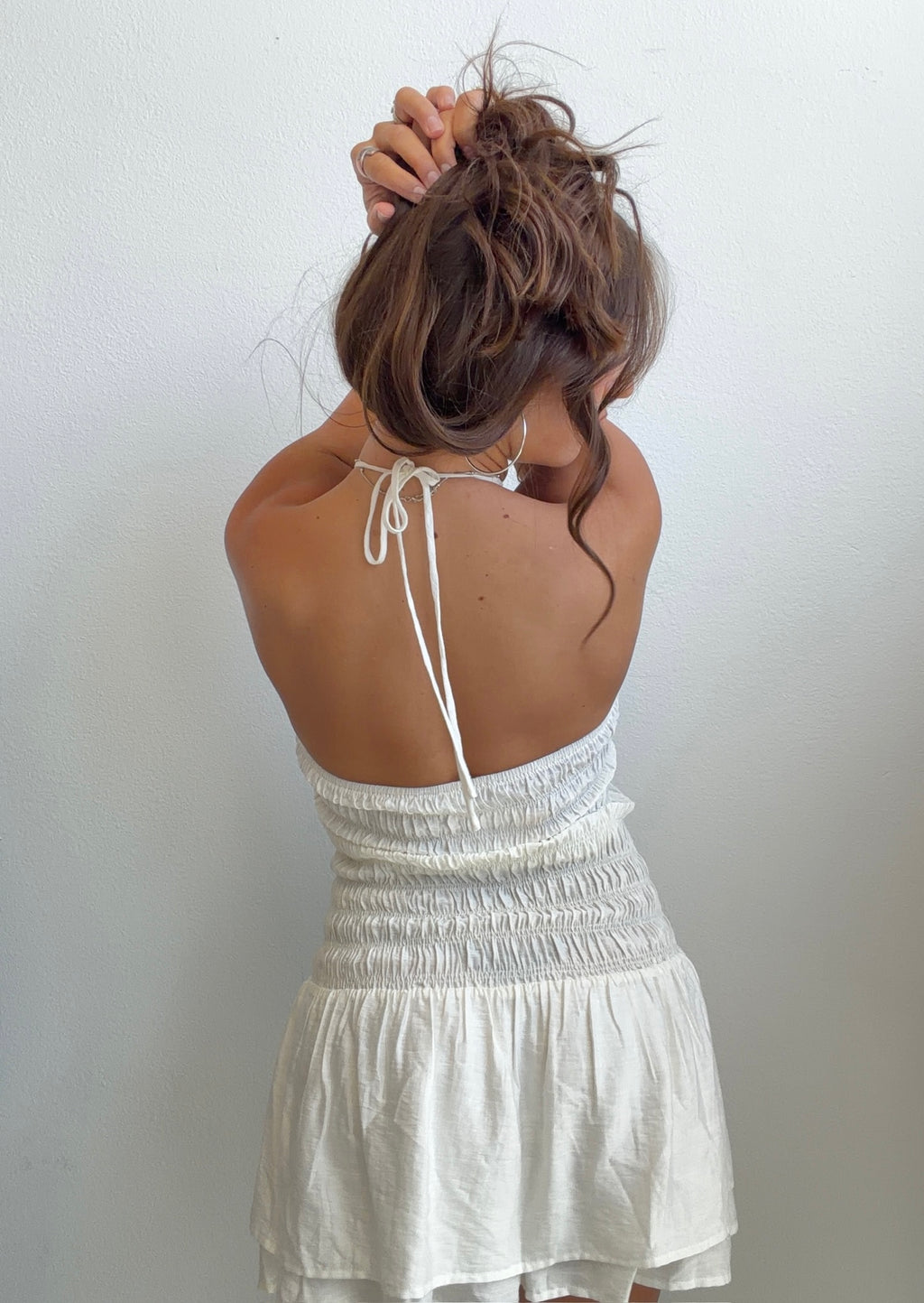 White Smocked Halter Mini Dress (Small)