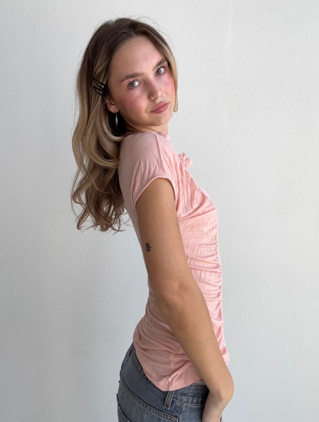 Baby Pink Rosette Ruched Top (Small)