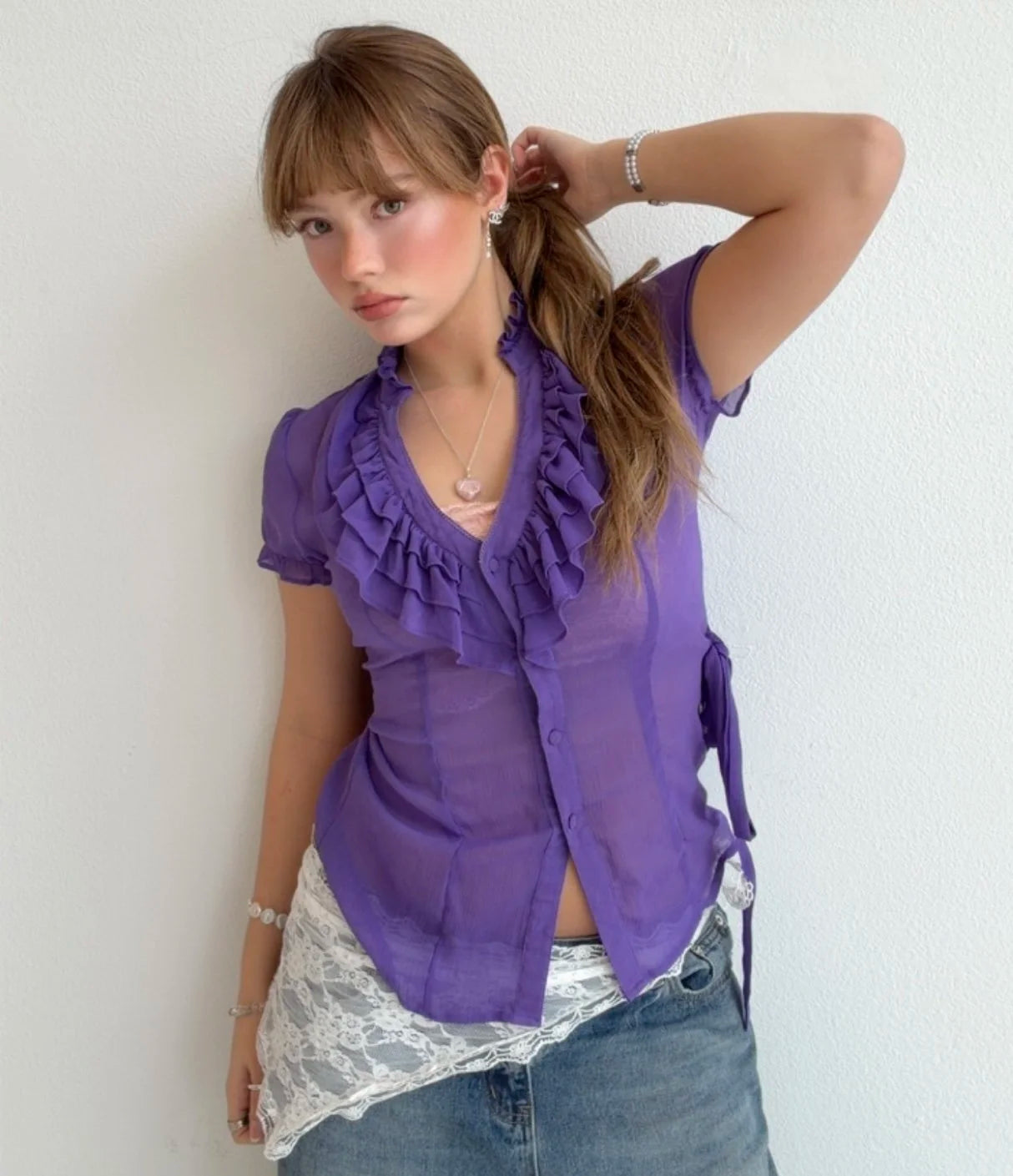 Violet Ruffle Victorian Sheer Blouse Top (Small)