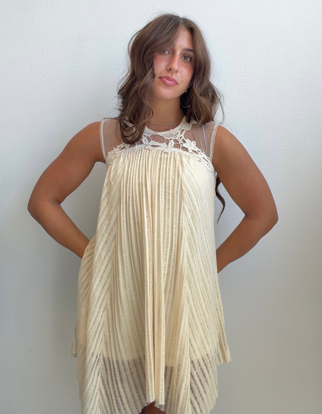 Cream Lace Pleated Swing Dress (XS)