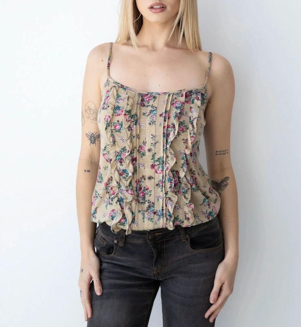 Floral Brown Camisole Ruffle Top (Small)