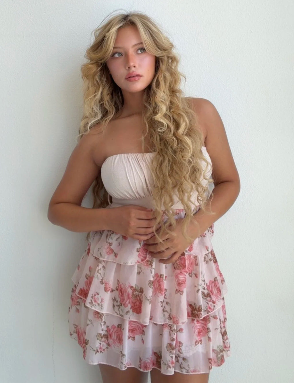 Pink Rose Tiered Mini Dress (Medium)