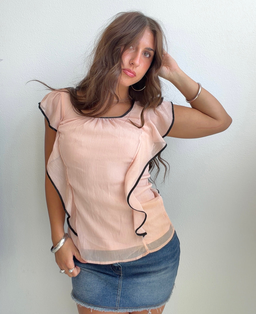 Blush Ruffle Sheer Flutter Sleeve Top (Small)