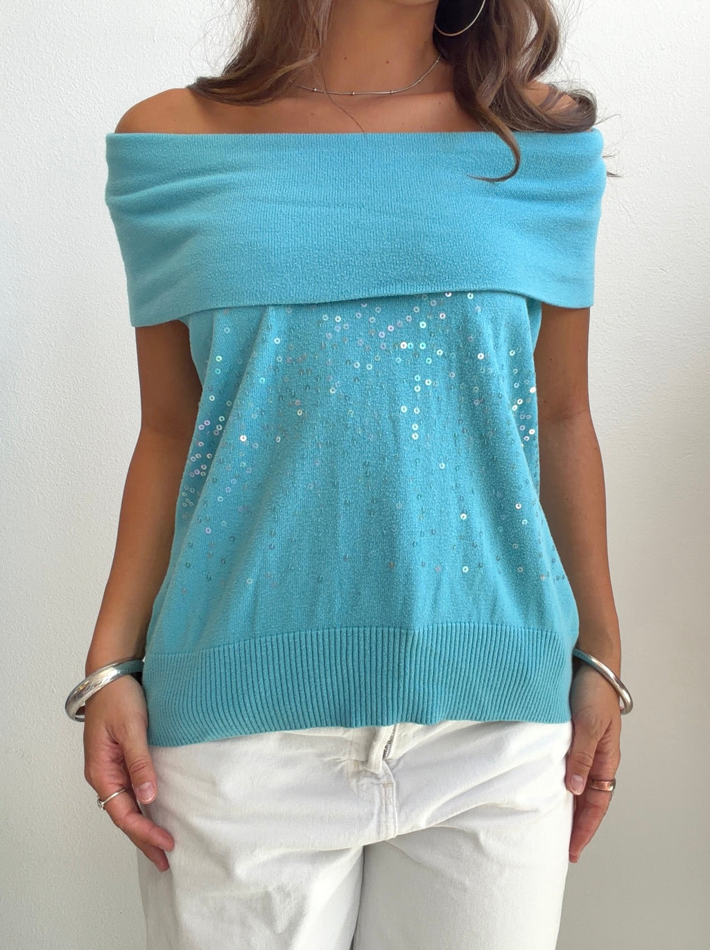 Turquoise Sequin Off Shoulder Knit Top (Large)