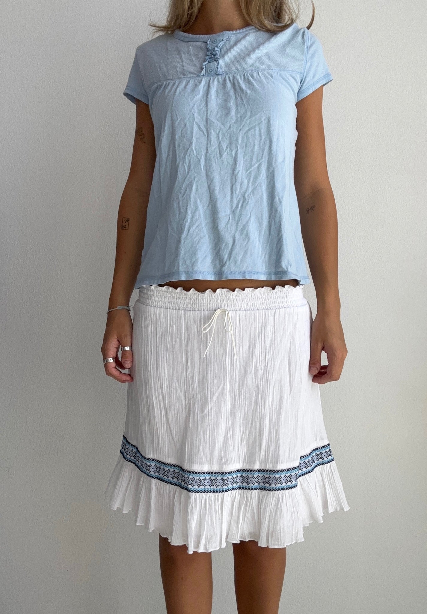 White Boho Embroidered Skirt (Small)