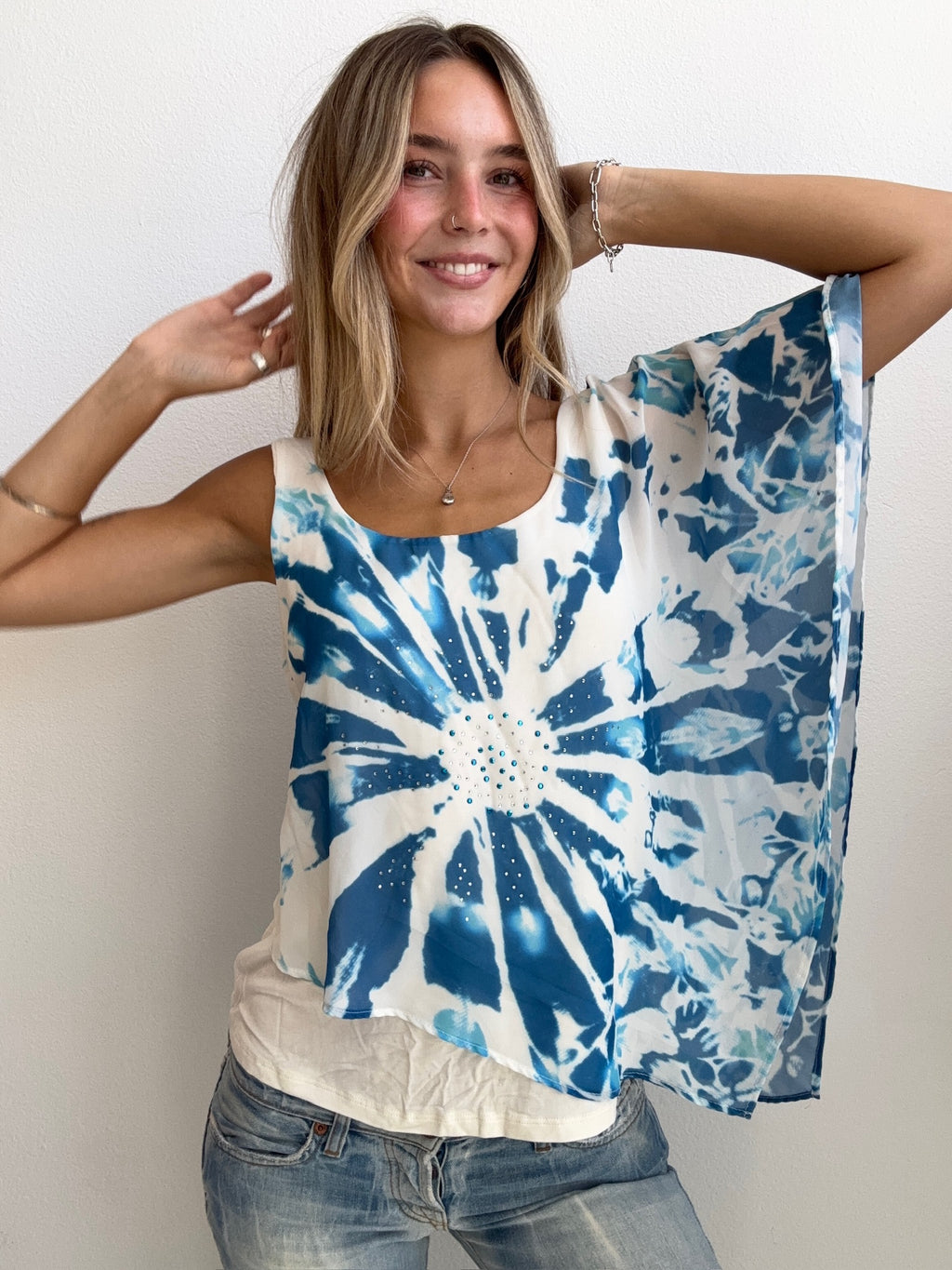 Blue Tie Dye Rhinestone Top (Small)