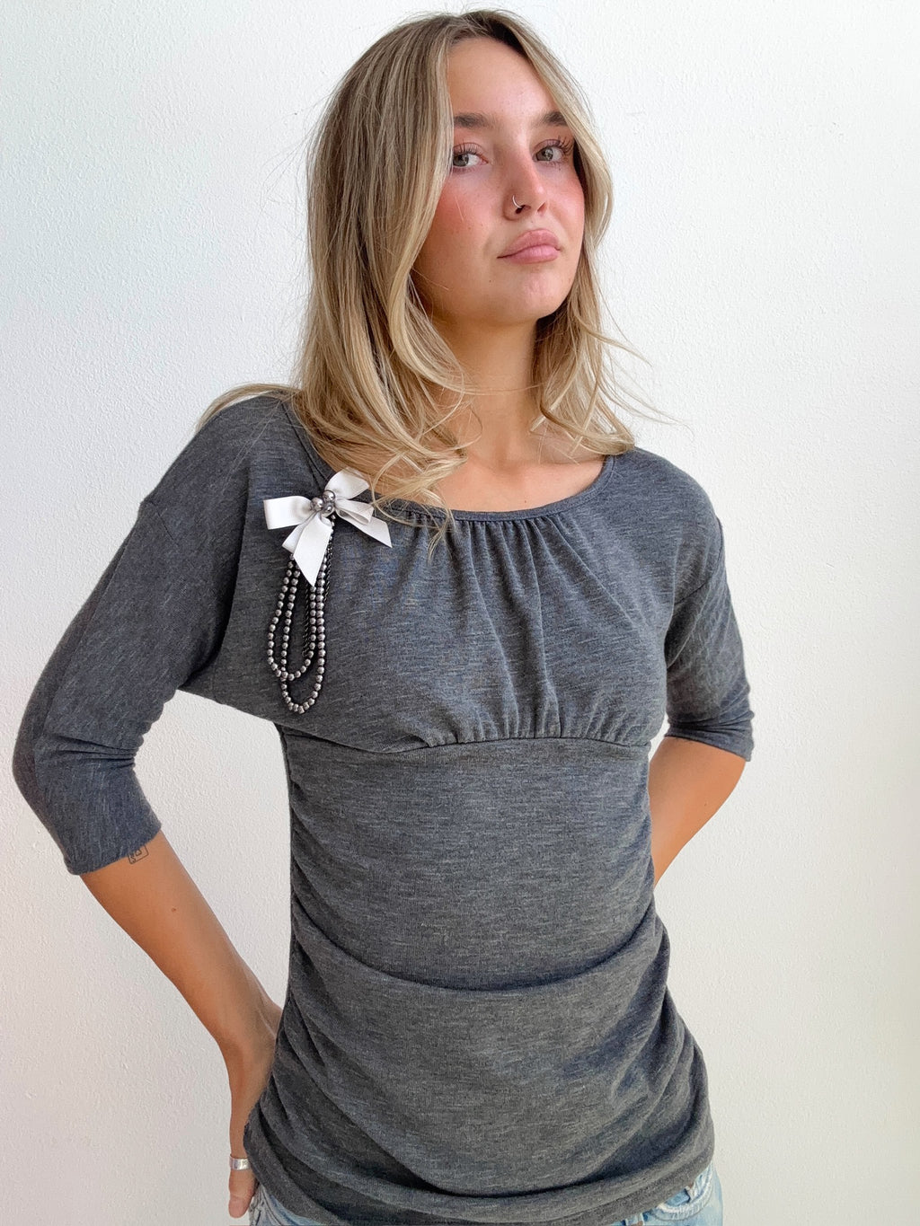 Grey Ruched Bow Top (Small)