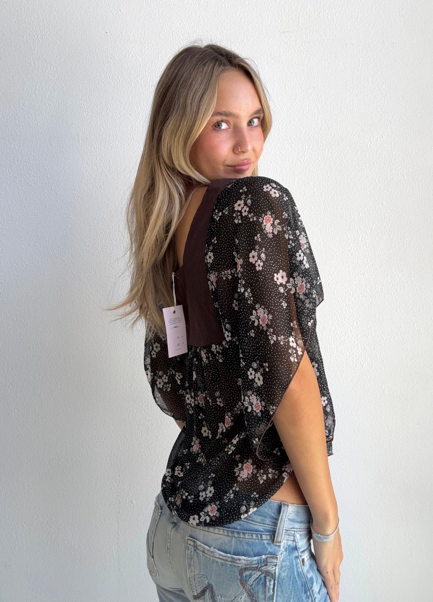 Brown Floral Babydoll Flowy Top (Small)