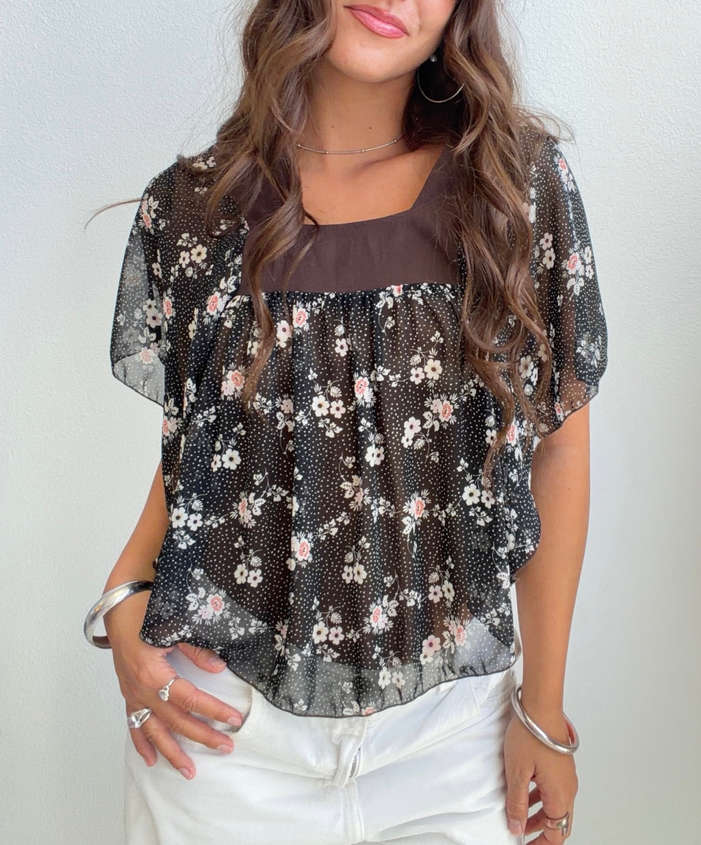 Brown Floral Chiffon Babydoll Blouse (Small)