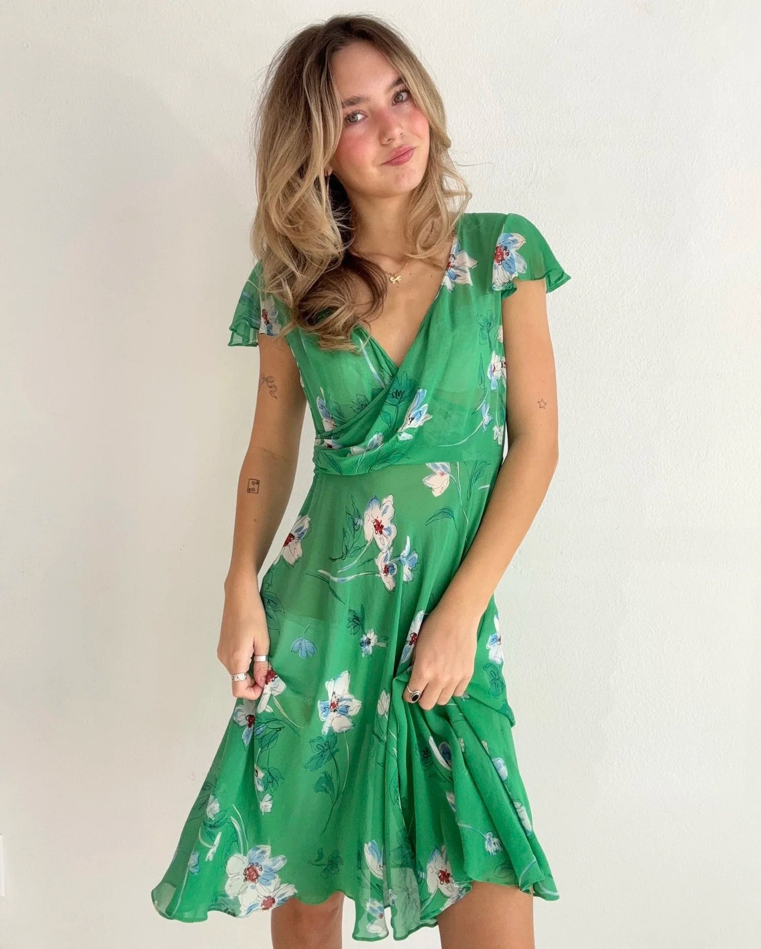 Sheer Green Floral Wrap Dress (XS)
