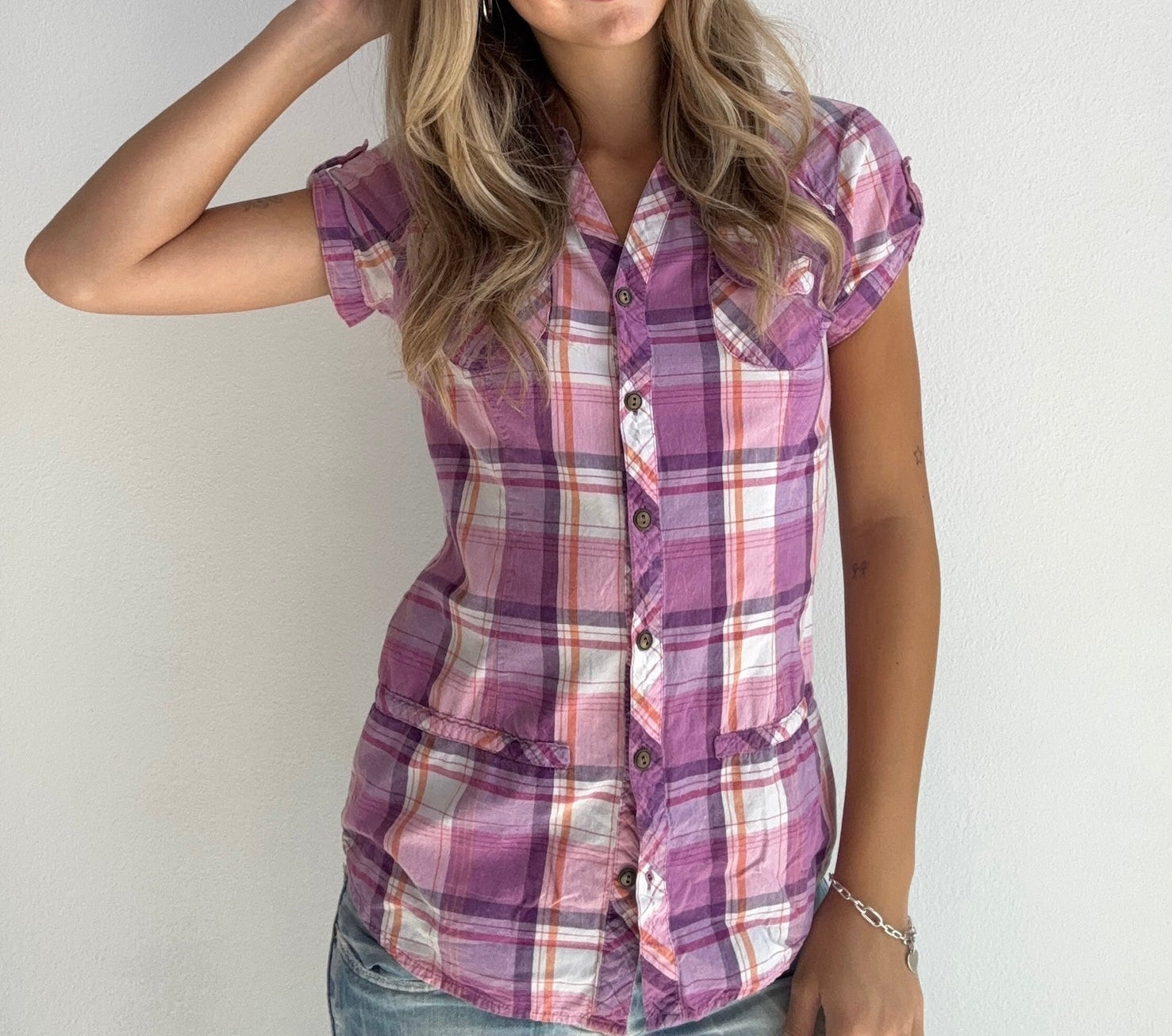 Purple Plaid Button Up Top (Medium)